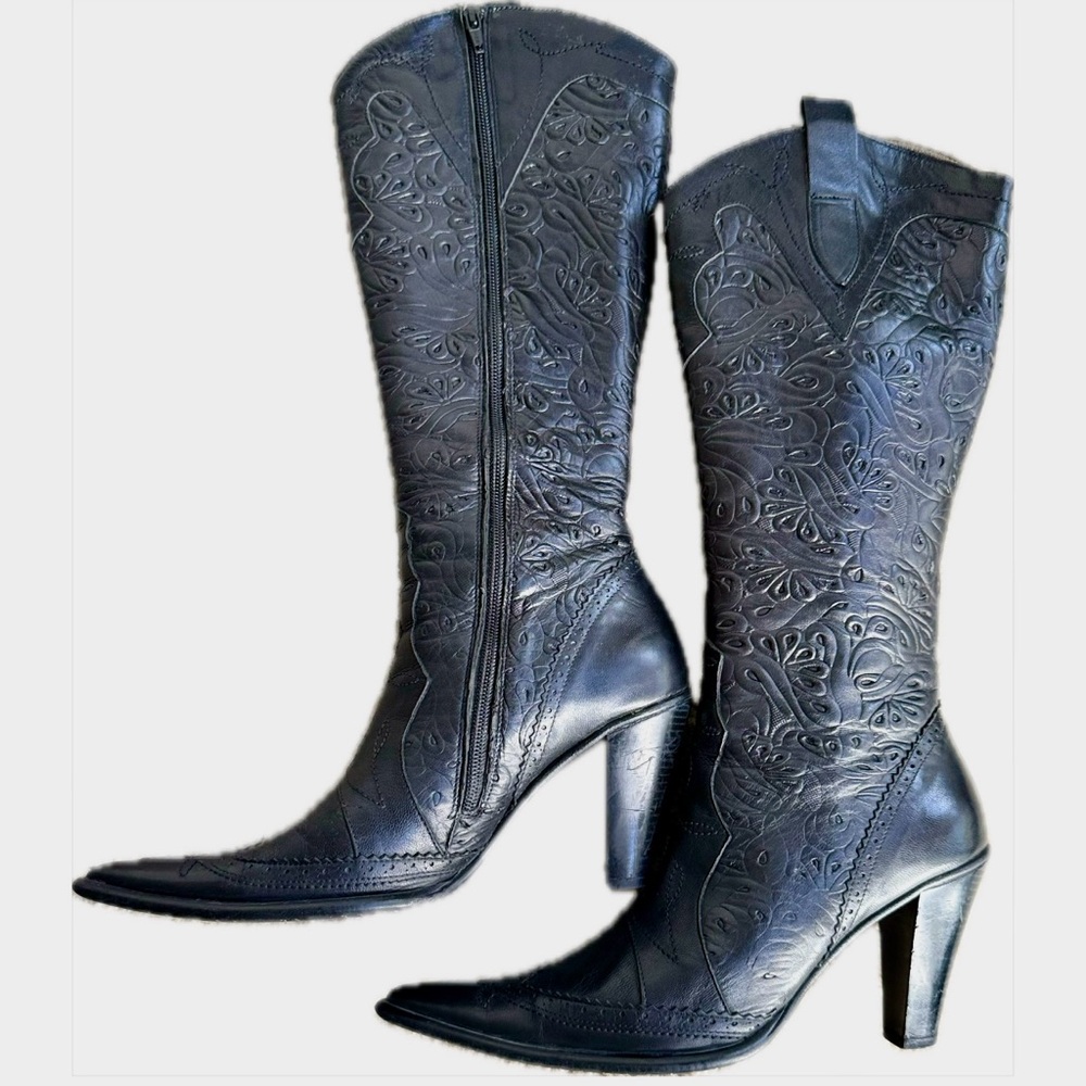 Genuine Leather Embroidered Black Tall Boots – Statement Heels - Picture 11 of 17